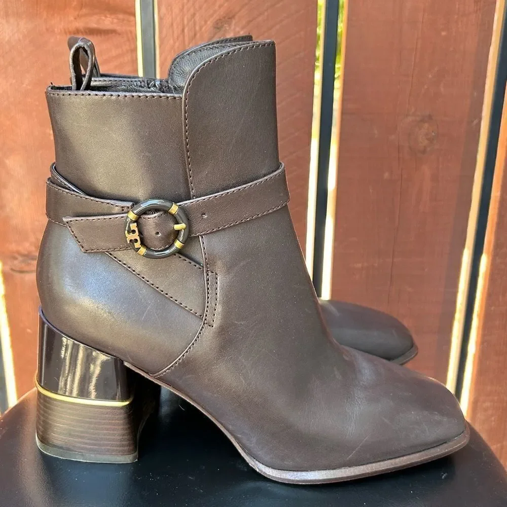 Tory Burch Women Multi Logo Buckle Brown Leather Ankle Boot size 9
